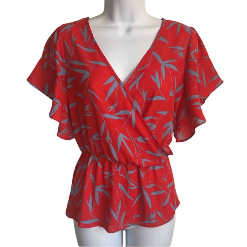Sienna Sky Red and Light Blue Floral Wrap Blouse